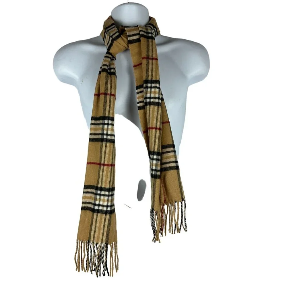 Preston & York Mens Vintage  Plaid Scarf Tan Black Red Fringe 100% Acrylic